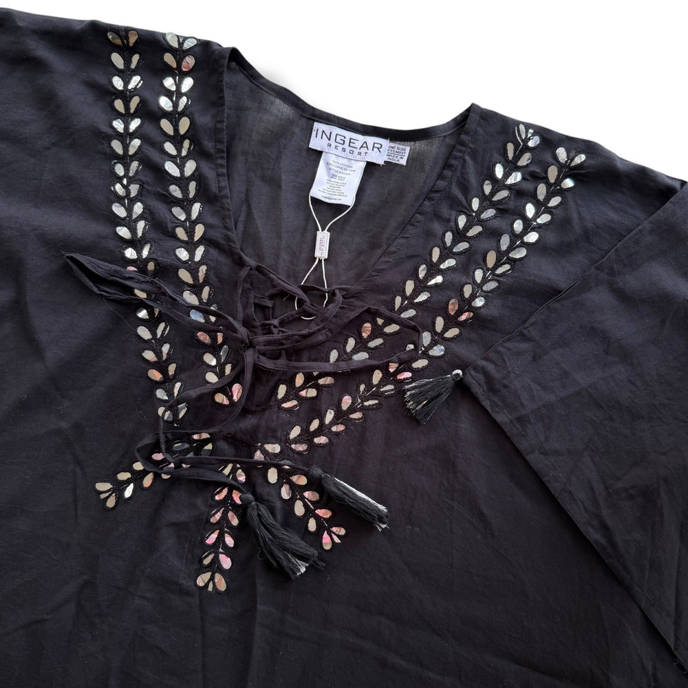 Ingear Resort OS Black Cotton Kaftan Mirror Embroidered Tasseled Beach Cover Up